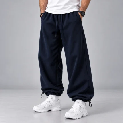 Baggy-style-joggers-3-thread-French-terry-cotton-Elastic-waistband-Adjustable-cuffs-with-stoppers-Navy-blue-Code-8005-Length-110-www.heroshoop.com-view-1.webp