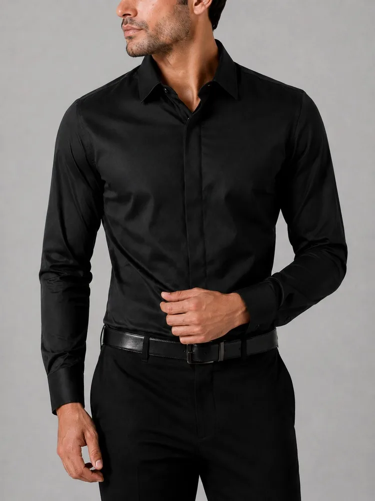 Formal-men-shirt-Tetron-fabric-hidden-button-black-color-heroshoop.webp پیراهن مردانه رسمی پارچه تترون دکمه مخفی رنگ مشکی 27166 - تصویر 1