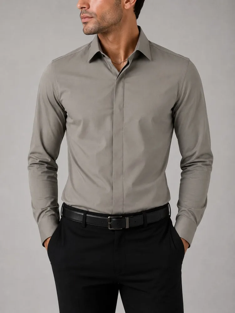 Men-Stone-Gray-Slim-Fit-Hidden-Button-Shirt-heroshoop.webp پیراهن مردانه رسمی خاکستری تیره دکمه مخفی - تصویر 1