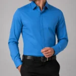 پیراهن مردانه رسمی آبی دکمه مخفی