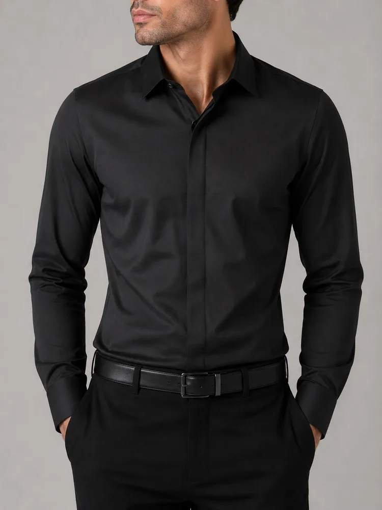 Men-formal-dress-shirt-with-hidden-button-black-color-heroshoop.webp پیراهن مردانه رسمی پارچه دوشین رنگ مشکی دکمه مخفی 27167 - تصویر 1