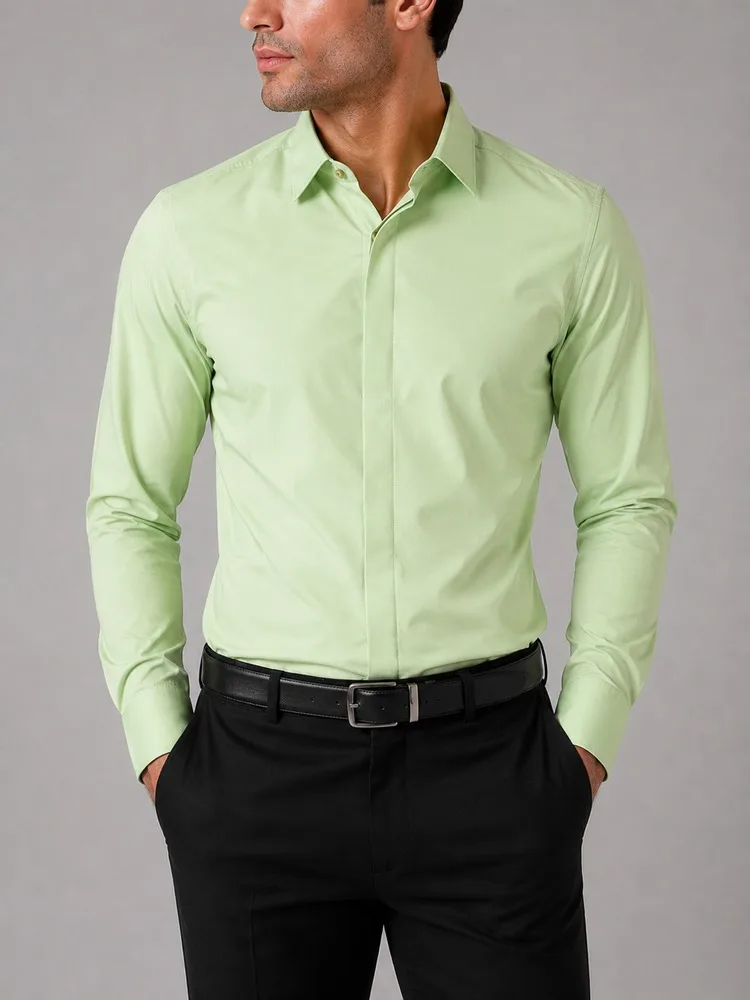 Pistachio-green-formal-men-shirt-with-hidden-buttons-heroshoop.webp پیراهن مردانه رسمی سبز پستهای دکمه مخفی - تصویر 1