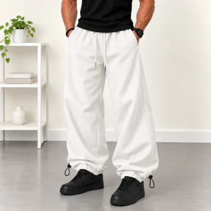 Baggy-style-jogger-pants-Dual-mode-cuffs-fitted-or-loose-3-thread-cotton-French-terry-White-With-cord-locks-www.heroshoop.com-view-1.webp